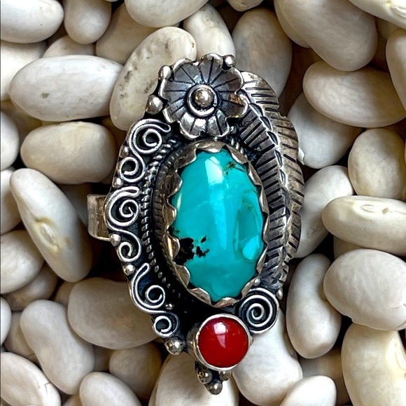 Native American Sterling Silver Turquoise and Red Coral ring
